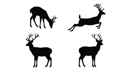 Vector silhouette illustration multiple deer silhouettes in various poses, including grazing and jumping