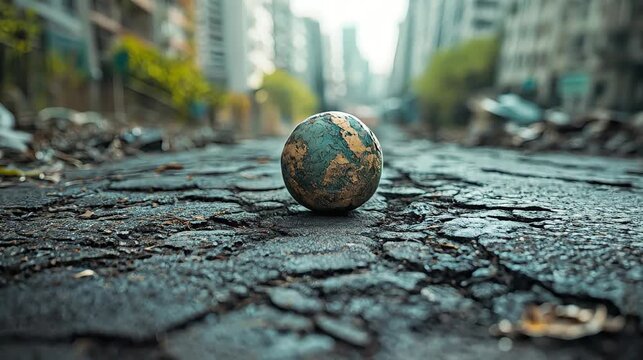 A small globe rolls down a cracked, sloped street in a deteriorating city. A symbolic image of global uncertainty, transition, instability, and the movement toward an unknown future.