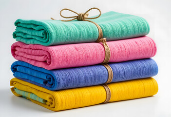 A stack of four vibrantly colored beach towels—teal, pink, blue, and yellow—neatly folded and tied with rustic twine, ready for summer adventures.