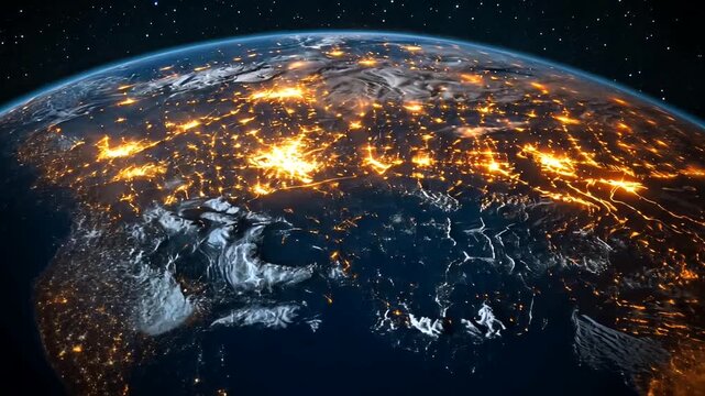 Earth at night from space with city lights, showing urbanization effect