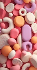 Fototapeta premium Pastel shapes in pink, orange, white, and lilac fill the frame, some speckled, creating a textured, three-dimensional, almost edible pattern. Soft lighting and rounded forms add a playful feel