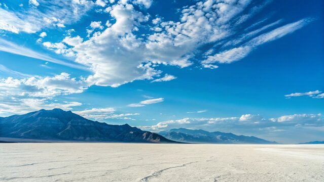 Vast Salt Flats Under a Blue Sky with Dramatic Clouds and Mountains - Powered by Adobe