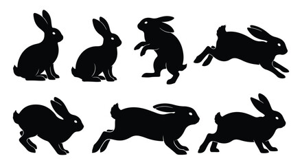 Silhouette vector set a collection of black rabbit silhouettes in various poses, including sitting, jumping, and running, isolated on a white background