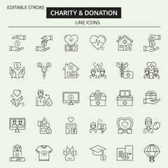 Charity and donation line icons with medical and financial symbols giving helping