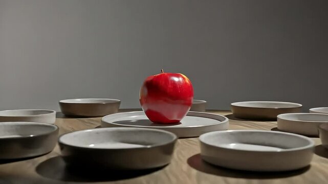 A single red apple on a pedestal plate is surrounded by empty bowls, creating a stark, minimalist still life