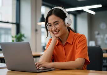 Young asian woman wearing headphones and glasses smiles while working on a laptop computer in a modern workspace setting