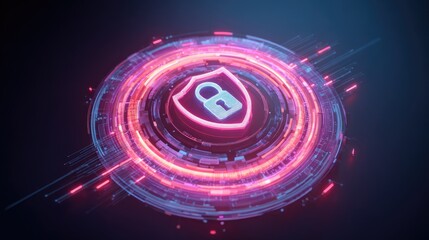 Obraz premium Digital security symbol with glowing neon rings.