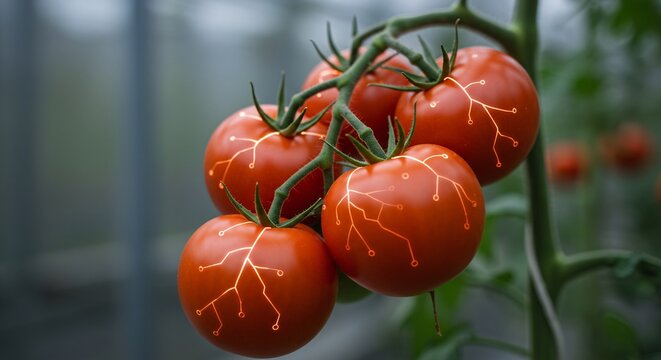 Tomatoes show genetic engineering with circuit patterns on the surface.