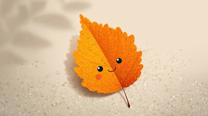 Bright orange autumn leaf with a smiling kawaii face on a soft beige background, ideal for seasonal greeting cards, kids’ content, and cheerful fall-themed illustrations