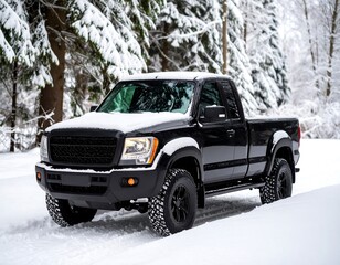 Black pickup truck in snowy forest (1)