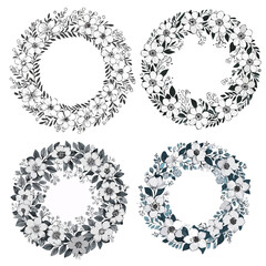 Round floral wreath, monochrome
