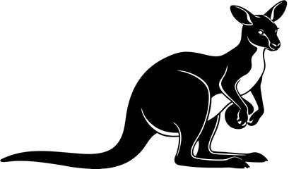 Black silhouette vector illustration of a wild kangaroo and baby, an isolated Australian mammal with a long tail