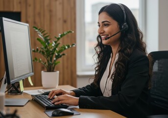 A professional woman with a headset actively engages with a computer typing on the keyboard demonstrating customer service excellence in a workspace