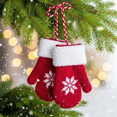 Pair of red knitted christmas mittens hanging on tree