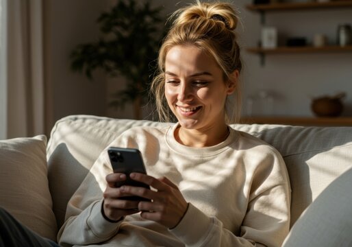 Young woman relaxing on a comfortable sofa enjoying a sunny afternoon while scrolling through her mobile device
