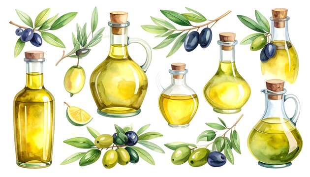 Watercolor illustration of various olive oil bottles and olives