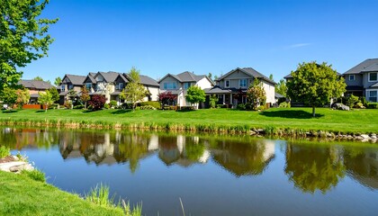 Obraz premium Residential homes reflect in a calm pond