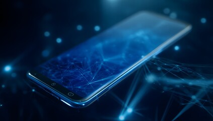 Futuristic smartphone with glowing data particles and digital network concept