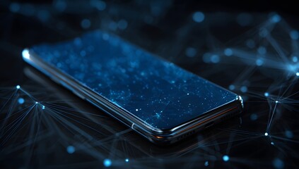 Futuristic smartphone with glowing data particles and digital network concept