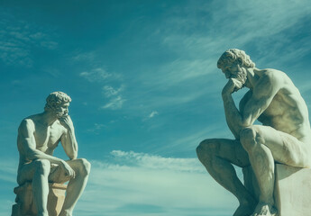 Two thoughtful marble statues contemplate under a vast, cloudy sky