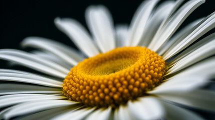 Macro closeup of blooming daisy flower with dark background