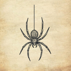 Vector engraved spider hanging from silk thread. Perfect for spooky Halloween projects and vintage horror clipart.
