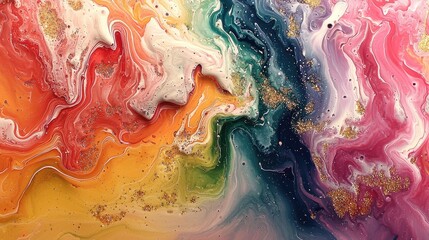 Abstract rainbow swirls of paint with gold glitter