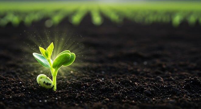 A seedling emerges, representing genetically modified crops and biotech growth.