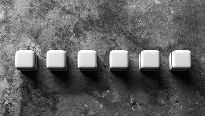 Six white, smooth, cube-shaped objects aligned horizontally on a mottled dark stone surface. Shadows add depth and contrast, emphasizing the simplicity of the composition