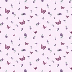 A seamless pattern featuring purple butterflies and flowers. Hand-drawn in a soft watercolor style, perfect for fabric, wallpaper, and packaging designs.