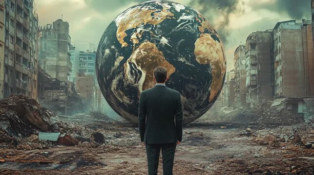 A businessman faces a devastated city and a massive Earth, symbolizing a new world order, global transformation, and visionary leadership after catastrophic war and collapse.
