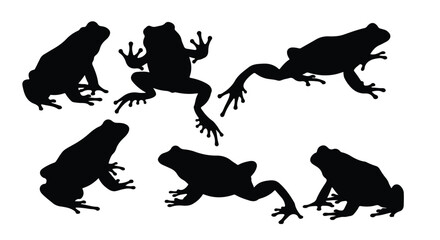 Silhouette vector set a collection of black frog silhouettes captured in various dynamic jumping and leaping poses against a stark white background
