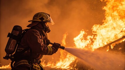 Naklejka premium Brave Firefighter Battling Intense Flames in a Dramatic Scene