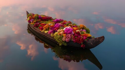 A traditional boat filled with vibrant flowers floats on calm waters during Onam celebrations in Kerala, India. The scene reflects cultural richness and natural beauty.