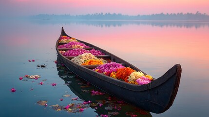 A traditional Kerala boat filled with vibrant flowers floats on calm waters during sunrise. The scene captures the essence of Onam celebrations in India.