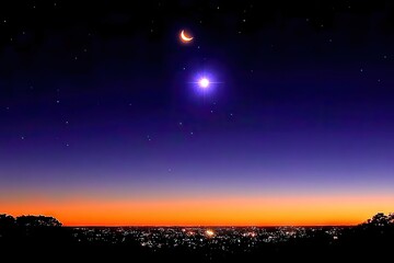 Night sky over city at twilight. Crescent moon and bright light above