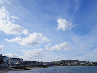 Panoramic view of Swanage bay and Swanage town in summer, Swanage Dorset UK
