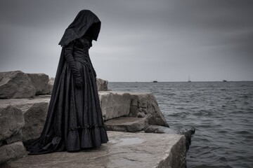 Dark figure in hooded cloak by water