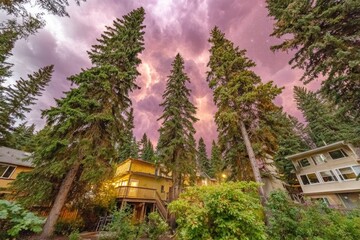 Fototapeta premium Stormy sunset over homes nestled in a pine forest