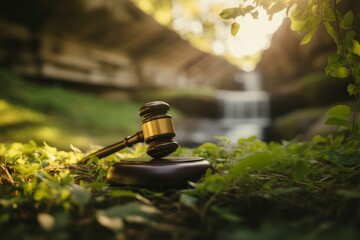 Wooden gavel on green foliage near waterfall judge