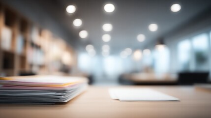 Blurred Background of Office Workspace with Papers and Documents, Ideal for Business Presentations or Marketing Materials.