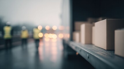 Obraz premium Blurred Background of Packages on Delivery Truck with Workers in High Visibility Vests for Transportation and Logistics Contexts