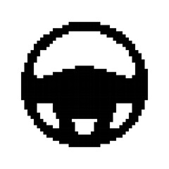 Fototapeta premium Steering Wheel templates in pixel art style. Black solid vehicle control symbol. Car, boat, labels. Isolated on white background.