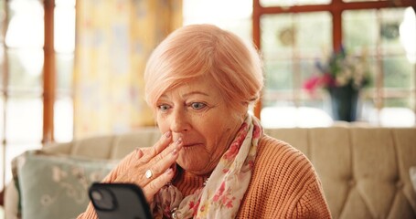 Senior woman, phone and shock on sofa for notification, gossip news or web chat in retirement home. Elderly person, smartphone and surprise with wow, story or mobile app for social media in house