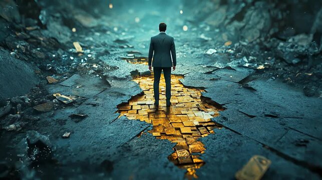 A businessman stands on a path of hidden gold beneath ruins, symbolizing opportunity and potential success discovered within crisis and adversity in a dark, devastated world.