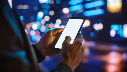 A person holding a smartphone with a blank screen in a night city with bokeh lights