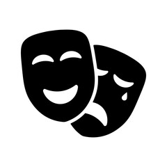 Set of Comedy and Tragedy Mask templates in silhouette style. Black solid theater symbols. Drama, acting, labels. Isolated on white background.