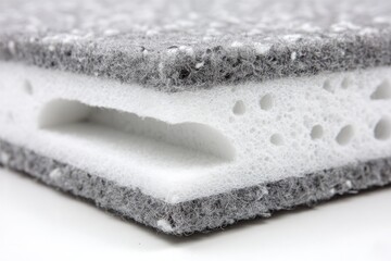 Close-up of a gray and white cleaning pad, showing its sponge-like texture and layered structure
