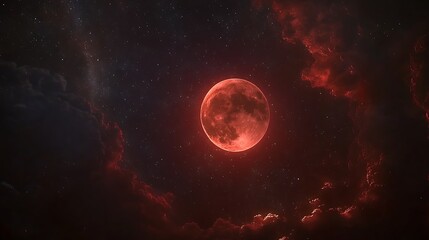Obraz premium Intense red moon glowing against black sky and clouds high resolution picture