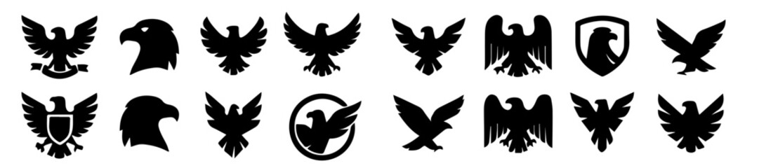 Set of Black Vector Eagle Emblem Silhouettes, High-Resolution Collection of Heraldic and Symbolic Bird Icons, Editable Formats: AI, EPS, JPG, PNG, Ideal for Both Digital and Print Use
